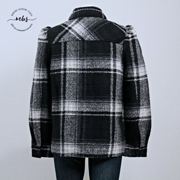 NWT Gap Plaid Puff Sleeve Cropped Wool Shirt Jacket Black White Women S Tall - Picture 8 of 12